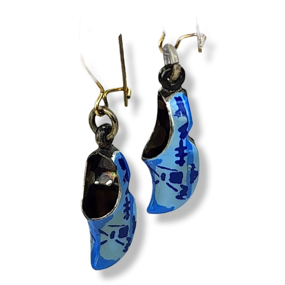Vintage Clog Earrings Sterling Silver Blue Enamel Dutch Shoe Dangle Dainty
